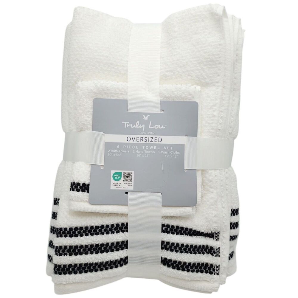 Truly Lou 6pc White Oversized Soft Cotton Towel Set 2 Bath‎ 2 Hand 2 Wash